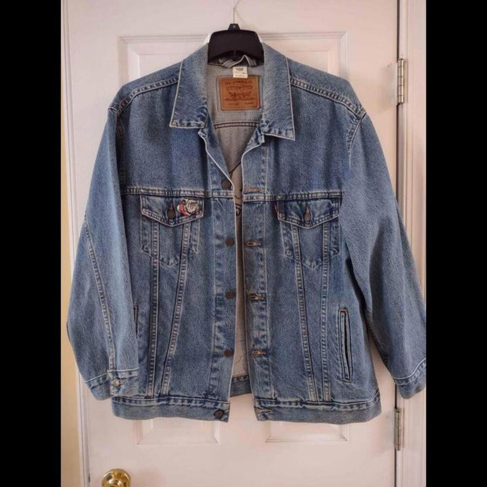 Levi's denim relaxed trucker jacket w/ motorcycle patches, bulldog lapel pin